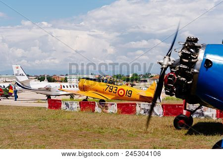 Madrid, Spain - June 3, 2018:  North American T-6 Texan Dun From 1938 Aircraft During Air Show Of Hi