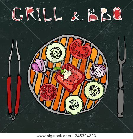 Black Board Background. Vegetarian Grill. Vegetable Bbq. Picnic And Barbeque Appliances Tongs And Fo