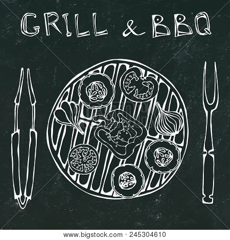 Black Board Background. Vegetarian Grill. Vegetable Bbq. Picnic And Barbeque Appliances Tongs And Fo