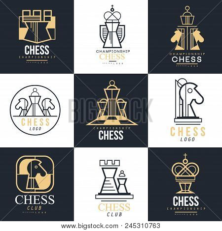 Chess Logo Set, Design Element For Championship, Tournament, Chess Club, Business Card, Vlack And Wh