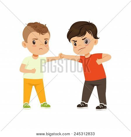 Brave Litlle Boy Trying To Stop The Bully Who Is Fighting Vector Illustration Isolated On A White Ba