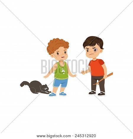 Brave Litlle Boy Trying To Stop The Bully Who Is Offending Animals Vector Illustration Isolated On A