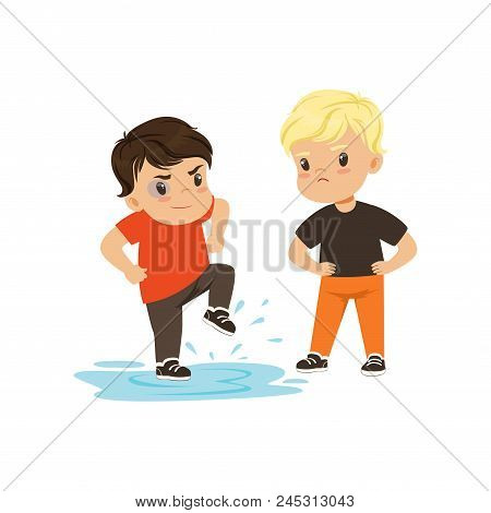 Brave Litlle Boy Trying To Stop The Bully Vector Illustration Isolated On A White Background.