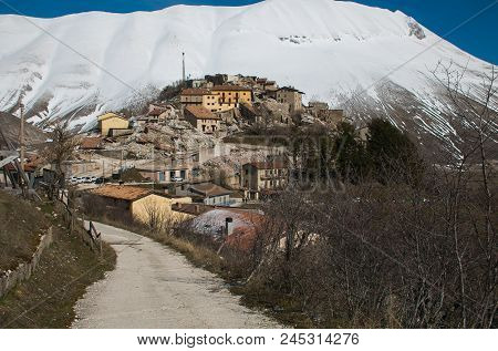 Castelluccio Di Norcia, Italy - March 23, 2018: Road To Castelluccio Di Norcia Old Village Destroyed