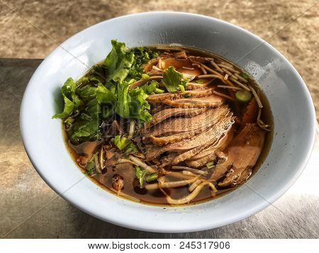 Duck And Vegetable Soup In White Bowl  ,thai Traditional And Popular Food, Healthy Menu, Delicious O