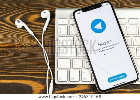 Sankt-petersburg, Russia, June 2, 2018: Telegram Application Icon On Apple Iphone X Screen Close-up.