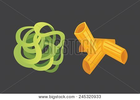 Vector Italian Pasta In Cartoon Style. Different Types And Shapes Of Macaroni With. Ravioli, Spaghet