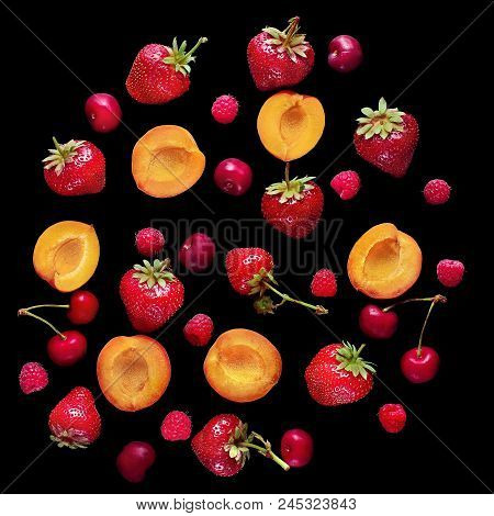 Berries: Strawberries, Blueberries, Raspberries, Apricot, Cherry Fruits On A Black Background Top Vi