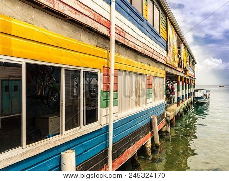 Bocas Del Toro Panama. March 2018. A View Of Xone Of The Colorful Buidings In The Small Harbour On T
