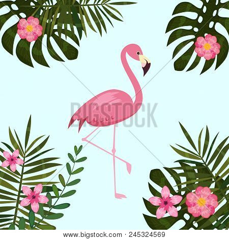 Tropical Flowers And Flamingo Summer Banner, Graphic Background, Exotic Floral Invitation, Flyer Or 