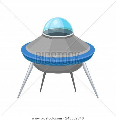 Futuristic Saucer Shaped Flying Craft. Extraterrestrial Space Ship. Big Alien Spacecraft With Four L