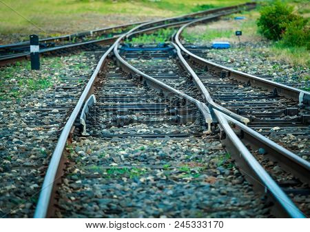 The Rails Of The Old Styling. View Of A Small Railway Junction, Interchange.