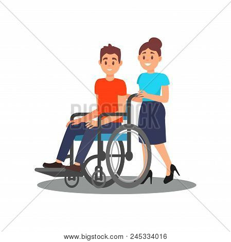 Girl Volunteer Helping Guy With Physical Disabilities. Young Man In Wheelchair And Cheerful Social W
