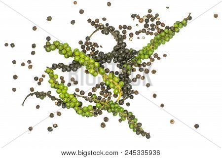 Unripe Drupes And Fresh Black Pepper Grains Flatlay Isolated On White Background