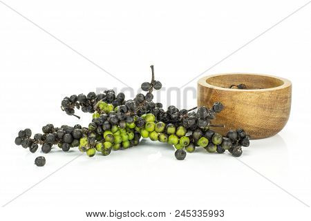 Unripe Green Drupes Of Fresh Black Pepper And One Wooden Bowl Isolated On White Background Three Vin