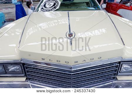 Kharkiv, Ukraine - May 19, 2018: Close Up Of The Hood Ornament Of Retro Car Cadillac Eldorado Manufa