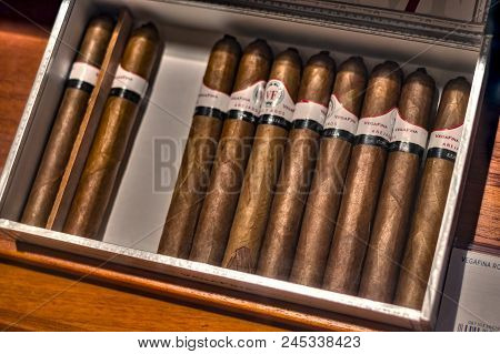 Malaga, Spain - May 26, 2018. Vega Fina Cigar In Box At The Market In Malaga City, Spain