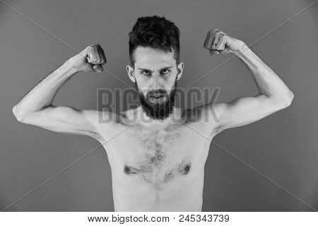 Anorexia. Slim Man Or Bearded Hipster Guy Dieting With Serious Face And Bare Thin Body.