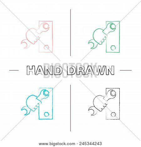 Hand Holding Wrench Hand Drawn Icons Set. Double Open Ended Spanner Turning Bolt. Color Brush Stroke