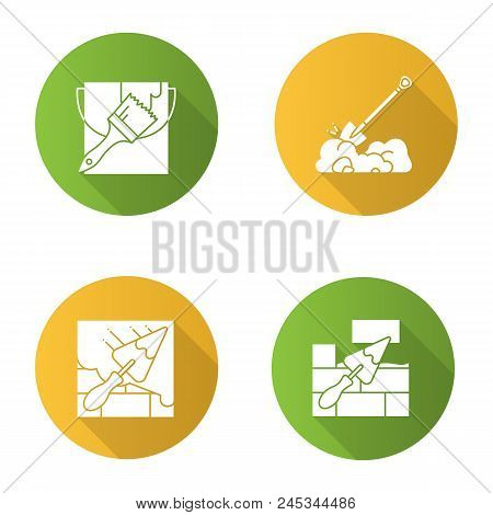 Construction Tools Flat Design Long Shadow Glyph Icon. Paint Bucket With Brush, Digging Shovel, Bric