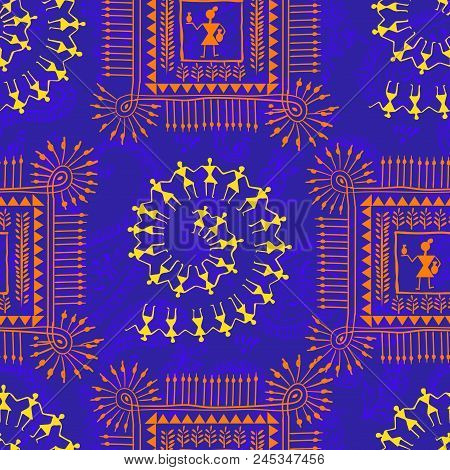 Warli Art Painting Seamless Pattern - Hand Drawn Traditional The Ancient Tribal Art India. Pictorial