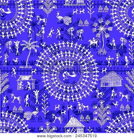 Warli Art Painting Seamless Pattern - Hand Drawn Traditional The Ancient Tribal Art India. Pictorial
