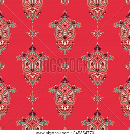 Seamless Pattern Based On Traditional Asian Elements Paisley. Boho Vintage Style Vector Background. 