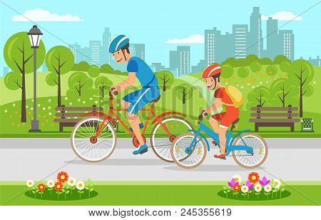 Cartoon Father With Son Riding On Bicycles In Park. Vector Flat Illustration. Father Day.