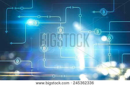 Glowing Bitcoin Network Hologram Against A Night Blurred Cityscape Background. Concept Of Cryptocurr