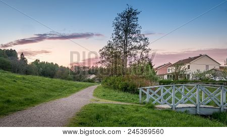 Sunset Lights The Houses In Molndal, Suburb Gothenburg City, Gotland, Sweden