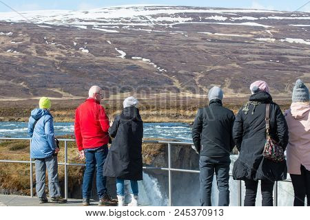 Godafoss Iceland - May 23. 2018: Tourists Enjoying The View Of Godafoss Waterfall In North Iceland