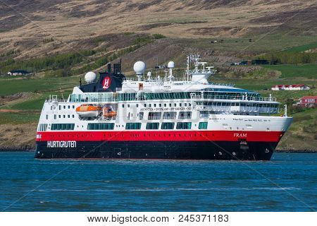 Akureyri, Iceland - May 28. 2018: Cruise Ship Fram From The Norwegian Company Hurtigruten In Eyjafjo