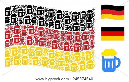 Waving Germany Official Flag. Vector Beer Glass Design Elements Are Combined Into Mosaic German Flag