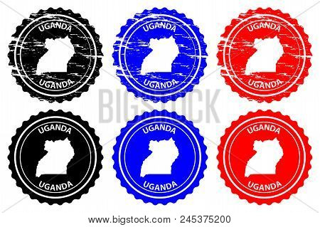 Uganda - Rubber Stamp - Vector, Republic Of Uganda Map Pattern - Sticker - Black, Blue And Red