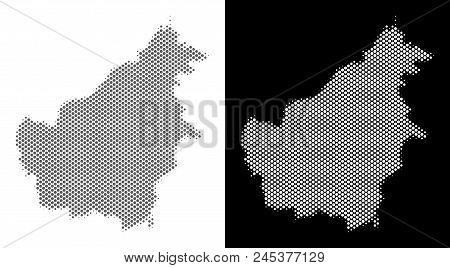 Halftone Circle Spot Borneo Island Map. Vector Geographic Maps In Gray And White Colors On White And