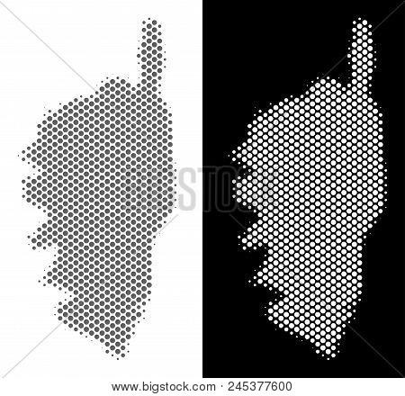 Halftone Circle Blot Corsica France Island Map. Vector Territorial Maps In Grey And White Colors On 
