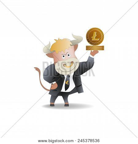 Bull Businessman Demonstrates Litecoins. The Trader. Cryptography, An Illustration Of Financial Tech