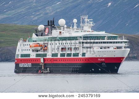 Hrisey Iceland - June 8. 2018: Cruise Ship Fram From Norwegian Shipping Company Hurtigruten In Eyjaf