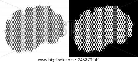 Halftone Round Dot Makedonia Map. Vector Geographic Maps In Gray And White Colors On White And Black
