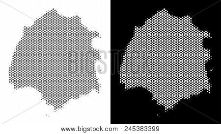 Halftone Circle Spot Thassos Greek Island Map. Vector Geographical Maps In Grey And White Colors On 