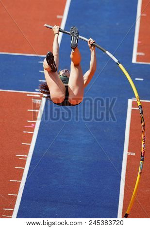 Stockholm, Sweden - Jun 10, 2018: Nikoleta Riakopoulou (greece) Jumping In The Pole Vault Competitio