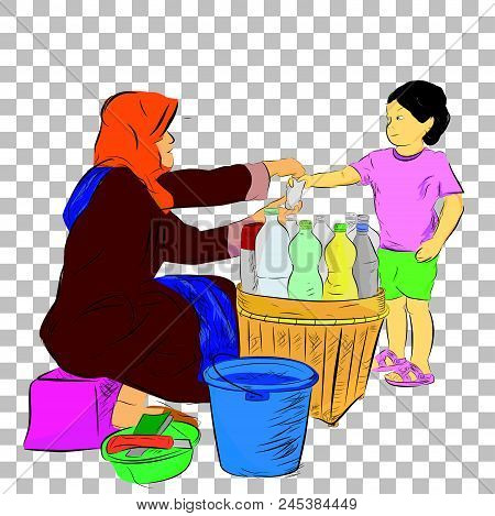 Sketch Of Young Girl Buy Jamu, Indonesia Traditional Herbal Or Organic Drink From Old Lady Seller, C
