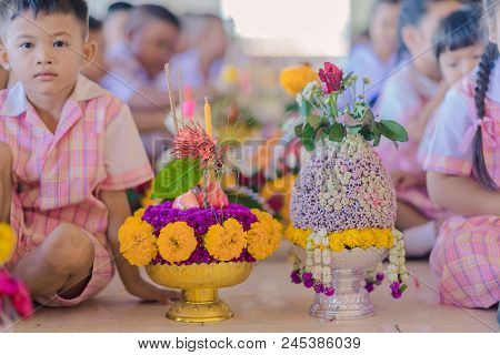 Kanchanaburi Thailand - June 14 : Unidentified Students Decorate Pedestal Tray And Flower For Give T