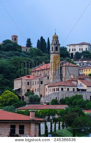Arka Petrarka, Italy - June, 13, 2018: panorama of old town of Arka Petrarka, Italy with the ancient cathedral 