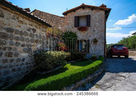 Arka Petrarka, Italy - June, 13, 2018: car stands on a parking in an old town in Arka Petrarka, Italy