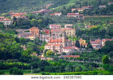 Arka Petrarka, Italy - June, 13, 2018: panorama of old town of Arka Petrarka, Italy with the ancient cathedral 