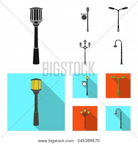 Lamppost In Retro Style, Modern Lantern, Torch And Other Types Of Streetlights. Lamppost Set Collect