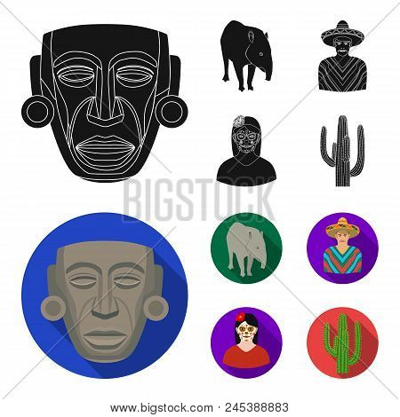 Tapir Mexican Animal, A Mexican In National Clothes In A Poncho, A Woman With A Flower, A Cactus. Me