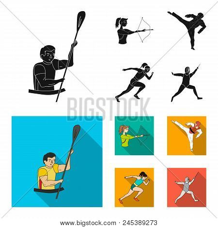 Archery, Karate, Running, Fencing. Olympic Sport Set Collection Icons In Black, Flat Style Vector Sy