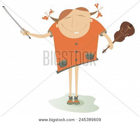 Cartoon Girl A Violinist Isolated Illustration. Smiling Young Woman With A Violin And Fiddlestick Is